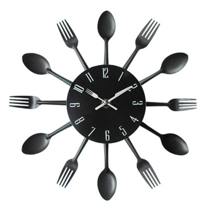 ELECTROPRIME Cutlery Metal Kitchen Wall Clock Spoon Fork Creative Quartz Wall Mounted Clocks Modern Design Decorative Horloge Black