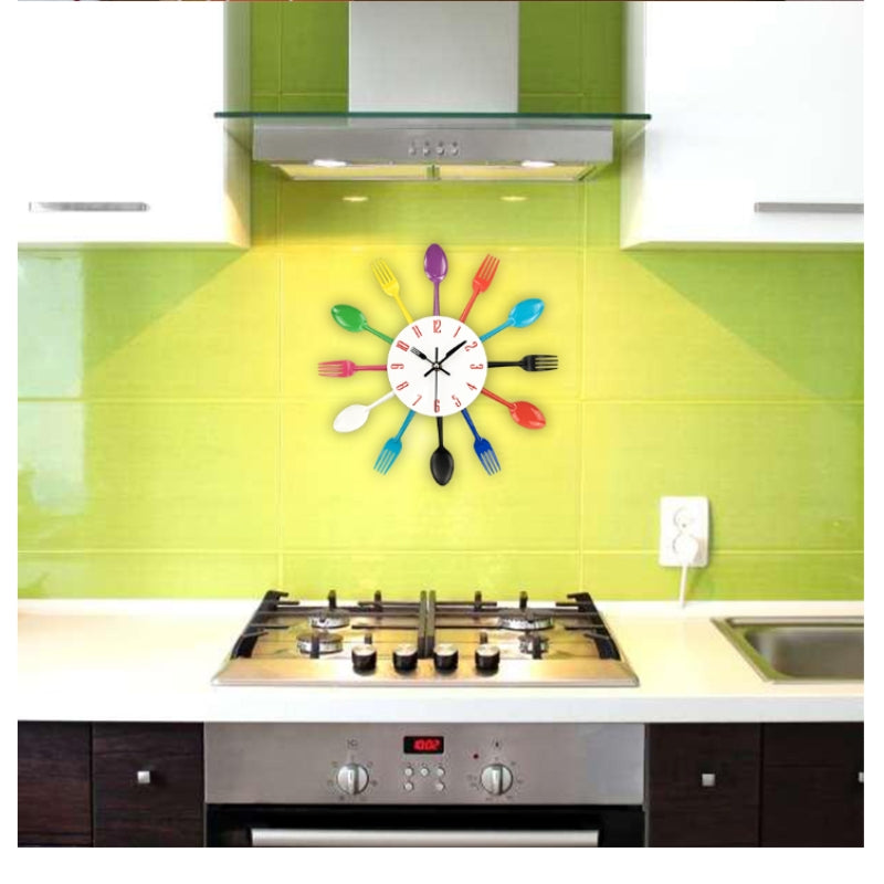 ELECTROPRIME Cutlery Metal Kitchen Wall Clock Spoon Fork Creative Quartz Wall Mounted Clocks Modern Design Decorative Horloge Color
