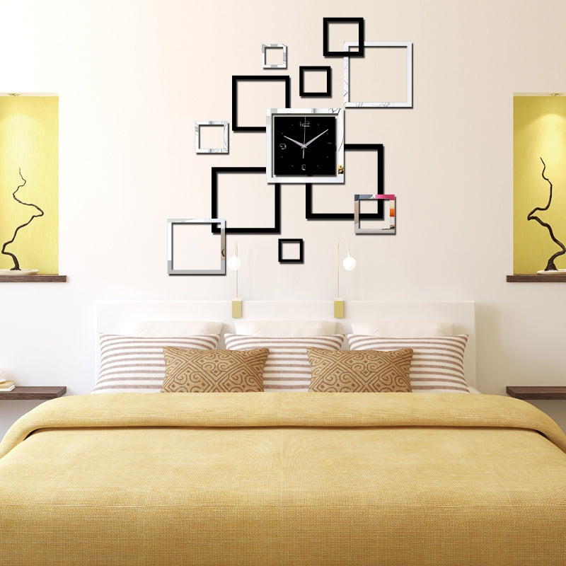 ELECTROPRIME Living Room Wall Clock Creative Clock Acrylic DIY Mirror Wall Stickers Decorative Black Silver Square DIY Clock