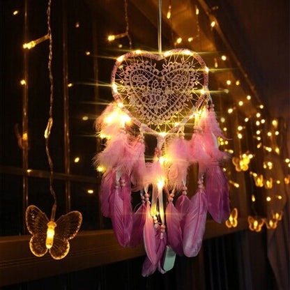 ELECTROPRIME Creative Hand-Woven Crafts Dream Catcher Home Car Wall Hanging Decoration, Type:With Light(Dark Pink)