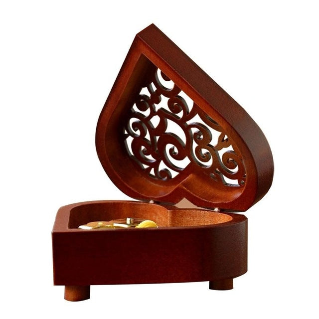 ELECTROPRIME Creative Heart Shaped Vintage Wood Carved Mechanism Musical Box Wind Up Music Box Gift, Golden Movement(Spirited Away)