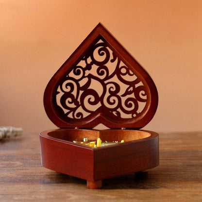 ELECTROPRIME Creative Heart Shaped Vintage Wood Carved Mechanism Musical Box Wind Up Music Box Gift, Golden Movement(Spirited Away)