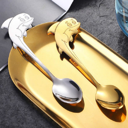 ELECTROPRIME 2 PCS Stainless Steel Dolphin Shape Cartoon Coffee Stirring Spoon Ice Cream Spoon Child Feeding Spoon(Steel)