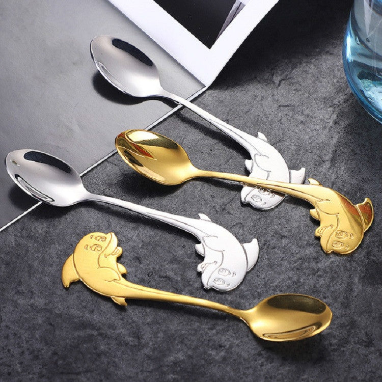 ELECTROPRIME 2 PCS Stainless Steel Dolphin Shape Cartoon Coffee Stirring Spoon Ice Cream Spoon Child Feeding Spoon(Steel)