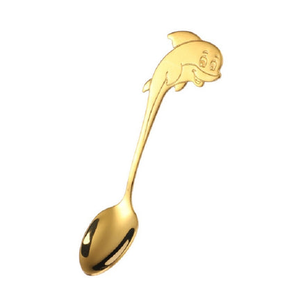 ELECTROPRIME 2 PCS Stainless Steel Dolphin Shape Cartoon Coffee Stirring Spoon Ice Cream Spoon Child Feeding Spoon(Gold)