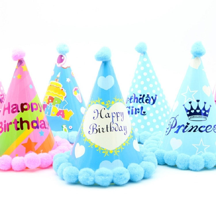 ELECTROPRIME 3 PCS Children Age Dress up Party Supplies Ball Birthday Hat Paper Rainbow Pom-pom Cap, Color:Style and Color Random Delivery