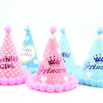 ELECTROPRIME 3 PCS Children Age Dress up Party Supplies Ball Birthday Hat Paper Rainbow Pom-pom Cap, Color:Style and Color Random Delivery