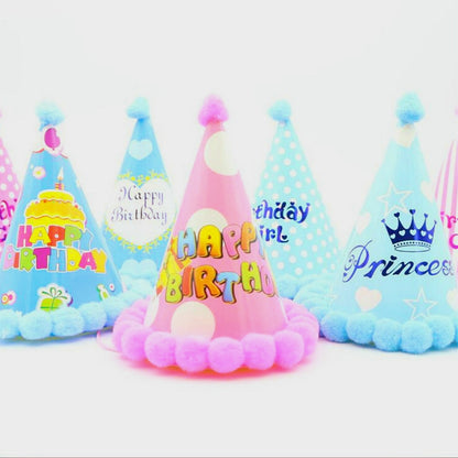 ELECTROPRIME 3 PCS Children Age Dress up Party Supplies Ball Birthday Hat Paper Rainbow Pom-pom Cap, Color:Style and Color Random Delivery