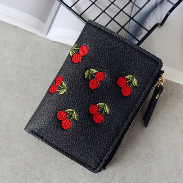 ELECTROPRIME PU Leather Cherry Embroidery Coin Purse Card Holders(Black)