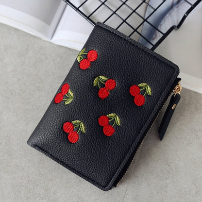 ELECTROPRIME PU Leather Cherry Embroidery Coin Purse Card Holders(Black)