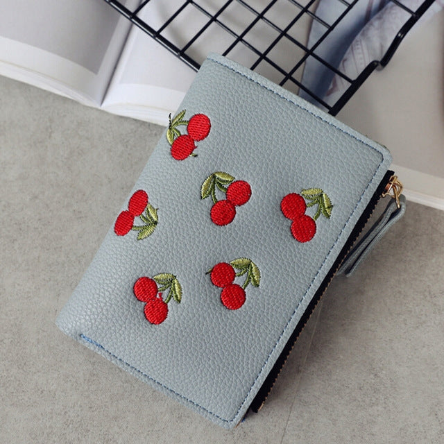 ELECTROPRIME PU Leather Cherry Embroidery Coin Purse Card Holders(Grey blue)