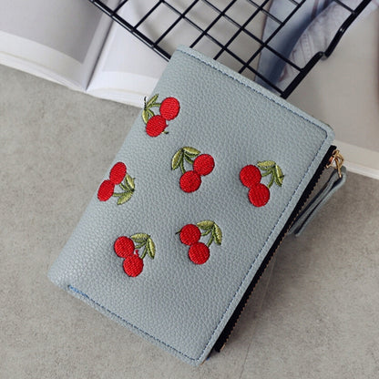 ELECTROPRIME PU Leather Cherry Embroidery Coin Purse Card Holders(Grey blue)