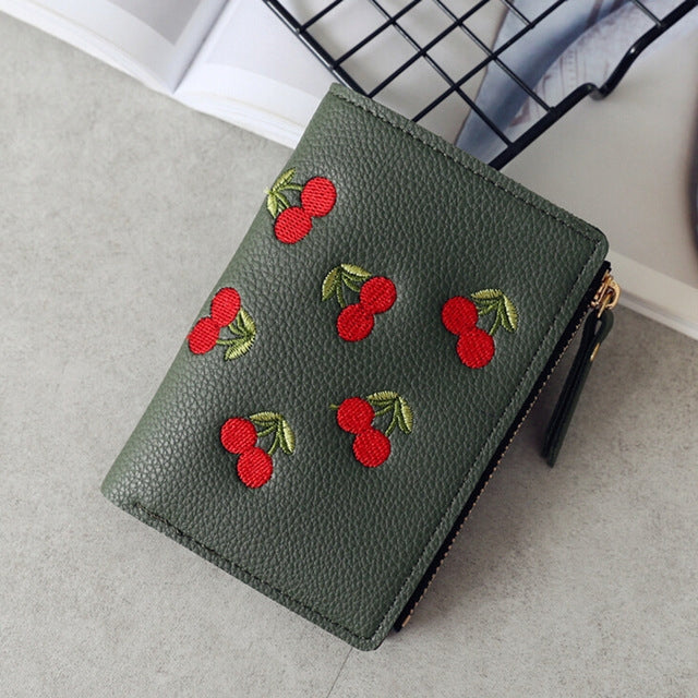ELECTROPRIME PU Leather Cherry Embroidery Coin Purse Card Holders(Dark green)