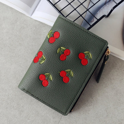ELECTROPRIME PU Leather Cherry Embroidery Coin Purse Card Holders(Dark green)