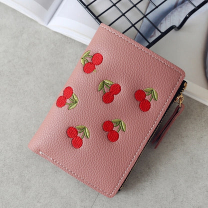 ELECTROPRIME PU Leather Cherry Embroidery Coin Purse Card Holders(Dark pink)