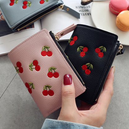 ELECTROPRIME PU Leather Cherry Embroidery Coin Purse Card Holders(Dark pink)