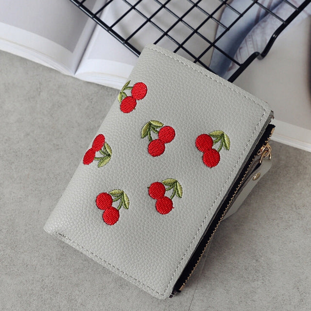 ELECTROPRIME PU Leather Cherry Embroidery Coin Purse Card Holders(Gray)