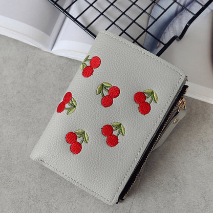 ELECTROPRIME PU Leather Cherry Embroidery Coin Purse Card Holders(Gray)