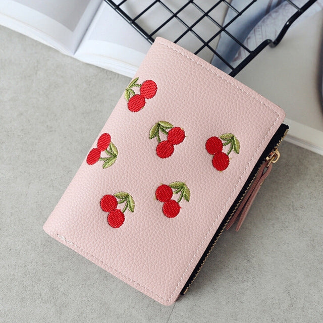 ELECTROPRIME PU Leather Cherry Embroidery Coin Purse Card Holders(Pink)