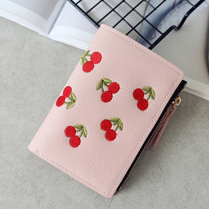 ELECTROPRIME PU Leather Cherry Embroidery Coin Purse Card Holders(Pink)