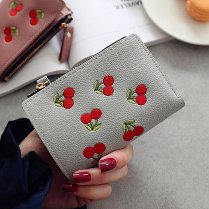 ELECTROPRIME PU Leather Cherry Embroidery Coin Purse Card Holders(Pink)