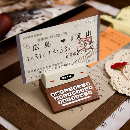 ELECTROPRIME 5 PCS Creative Coffee Vintage Wooden Typewriter Photo Card Desk Messege Memo Holder Stand Card Holder(Coffee)