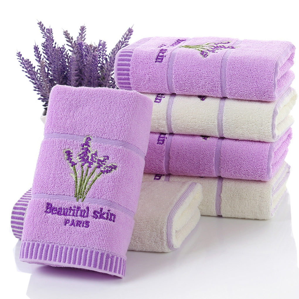 ELECTROPRIME Pure Cotton Thicken Stripe Face Towels Lavender Pattern Absorbent Face Towels(White)