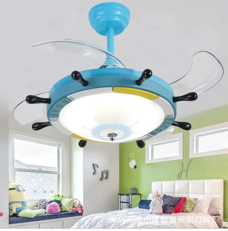 ELECTROPRIME Creative Rudder Fan Light Children Bedroom Invisible Small Ceiling Fan with 3 Gear Dimming(36 inch S Sailing / Remote Control)