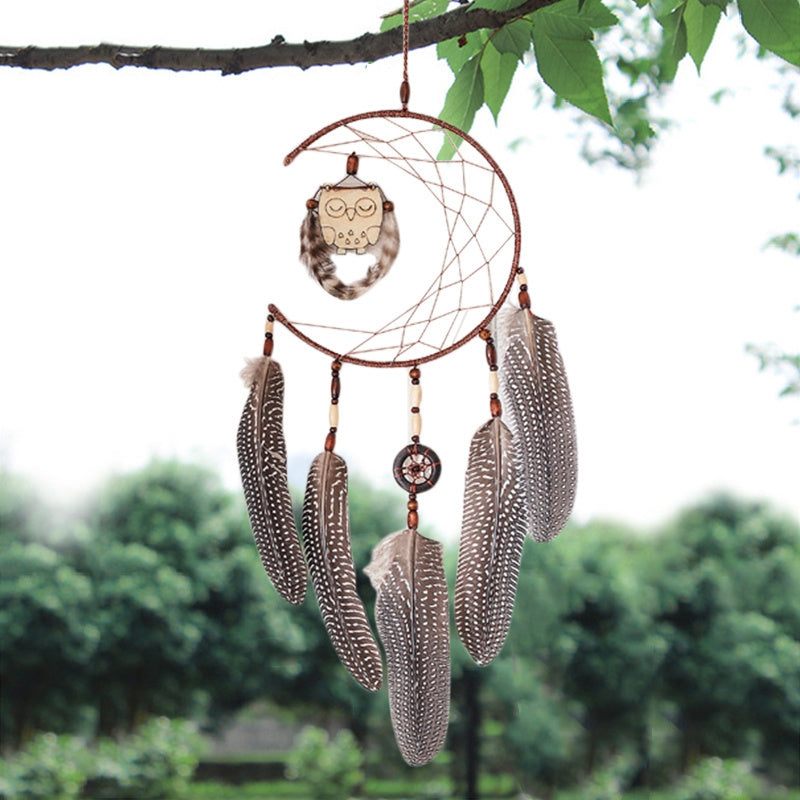 ELECTROPRIME Simple Owl Wind Chime Dream Catcher Natural Feather Wall Hanging Home Interior