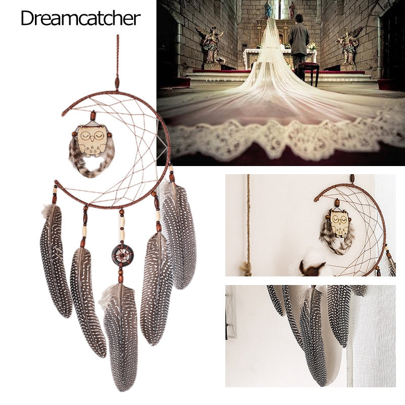 ELECTROPRIME Simple Owl Wind Chime Dream Catcher Natural Feather Wall Hanging Home Interior