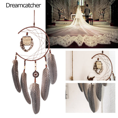 ELECTROPRIME Simple Owl Wind Chime Dream Catcher Natural Feather Wall Hanging Home Interior