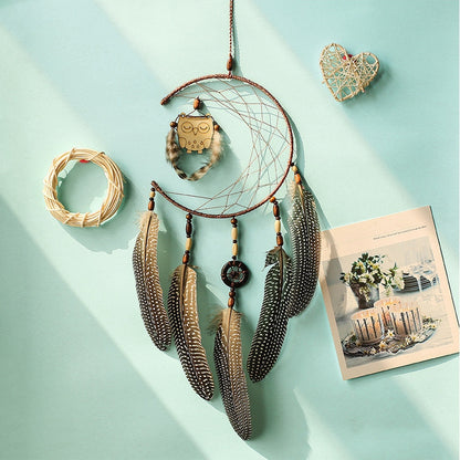 ELECTROPRIME Simple Owl Wind Chime Dream Catcher Natural Feather Wall Hanging Home Interior