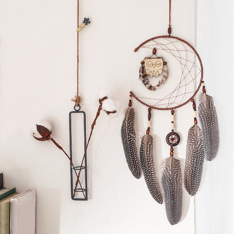 ELECTROPRIME Simple Owl Wind Chime Dream Catcher Natural Feather Wall Hanging Home Interior