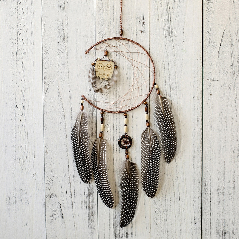 ELECTROPRIME Simple Owl Wind Chime Dream Catcher Natural Feather Wall Hanging Home Interior
