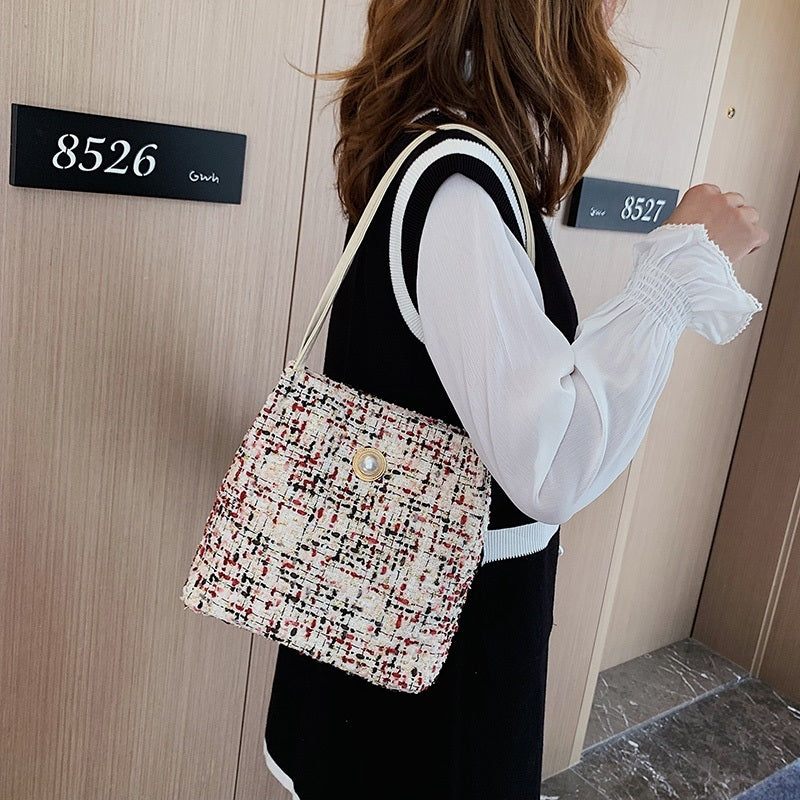 ELECTROPRIME Woolen Knitted Pearl Bucket Single Shoulder Bag Ladies Handbag (Color:Black Size:OneSize)