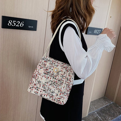 ELECTROPRIME Woolen Knitted Pearl Bucket Single Shoulder Bag Ladies Handbag (Color:Black Size:OneSize)