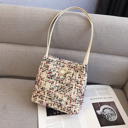 ELECTROPRIME Woolen Knitted Pearl Bucket Single Shoulder Bag Ladies Handbag (Color:Black Size:OneSize)
