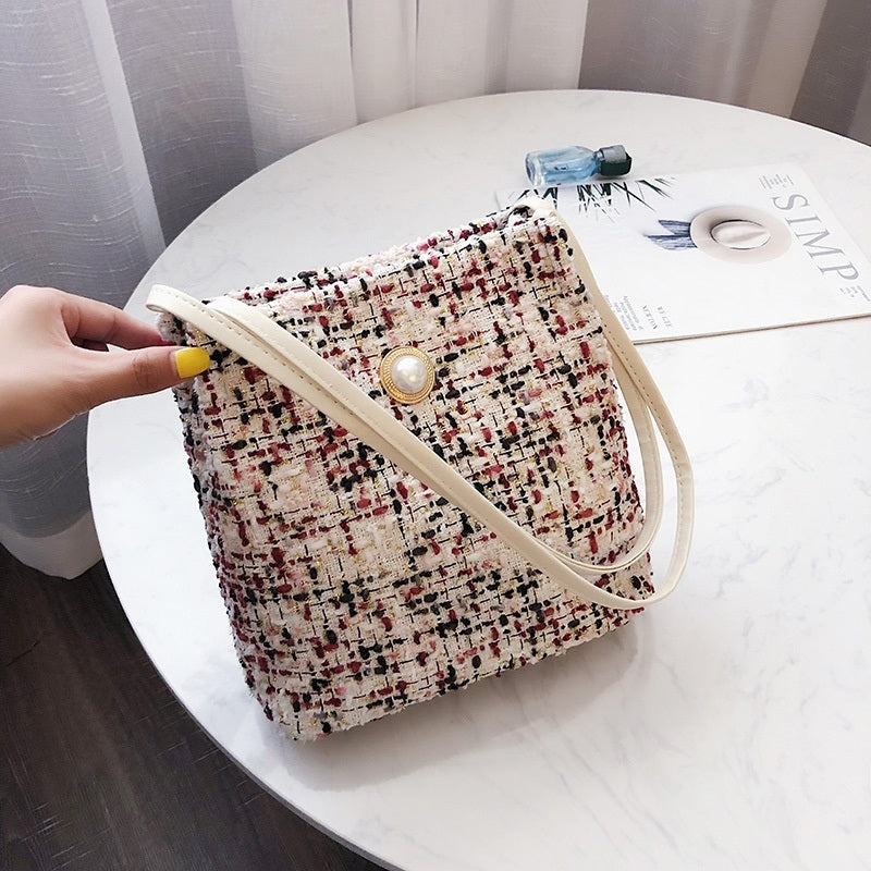 ELECTROPRIME Woolen Knitted Pearl Bucket Single Shoulder Bag Ladies Handbag (Color:Black Size:OneSize)