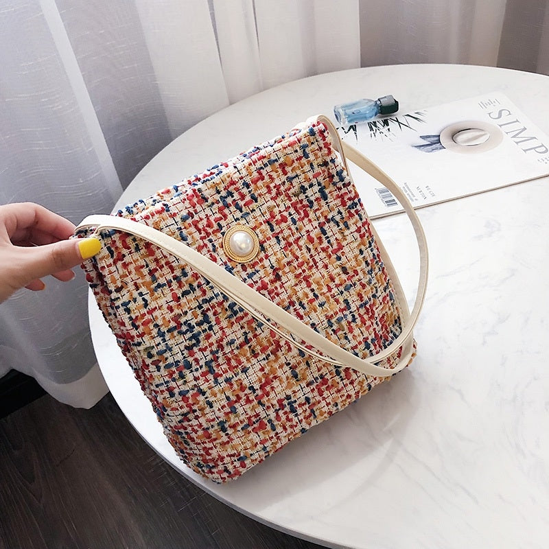 ELECTROPRIME Woolen Knitted Pearl Bucket Single Shoulder Bag Ladies Handbag (Color:Red Size:OneSize)